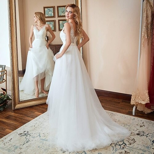 

A-Line Wedding Dresses V Neck Sweep / Brush Train Lace Strapless Country with 2022