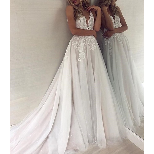 

A-Line Wedding Dresses V Neck Court Train Formal Boho Plus Size with Lace Insert Appliques 2022