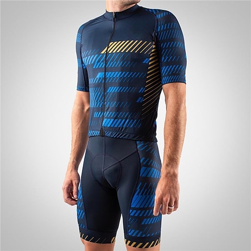 

21Grams Men's Triathlon Tri Suit Short Sleeve Mountain Bike MTB Road Bike Cycling Blue Yellow Stripes 3D Bike Clothing Suit UV Resistant Breathable Quick Dry Sweat wicking Polyester Spandex Sports