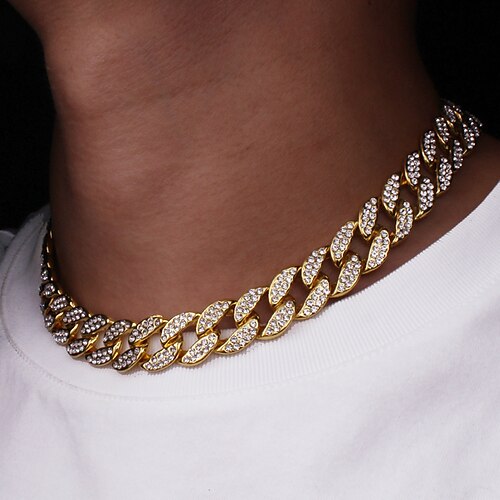 

1pc Chain Necklace Miami Cuban Link Chain For Men's Street Daily Zircon Gold Plated Chrome Classic Cuban Link Mariner Chain