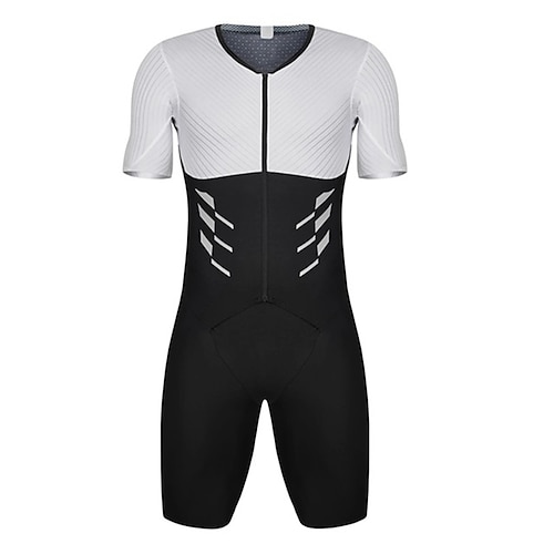 

21Grams Men's Triathlon Tri Suit Short Sleeve Mountain Bike MTB Road Bike Cycling Black White Bike Clothing Suit UV Resistant Breathable Quick Dry Sweat wicking Polyester Spandex Sports Solid Color