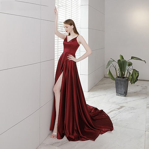 

A-Line Prom Dresses Sexy Dress Engagement Chapel Train Sleeveless V Neck Charmeuse with Pleats Slit 2022 / Formal Evening