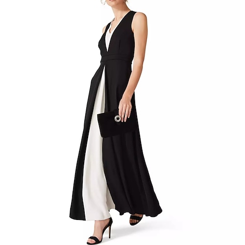 

A-Line Evening Dresses Color Block Dress Wedding Guest Ankle Length Sleeveless V Neck Chiffon with Draping Split Front 2022 / Formal Evening