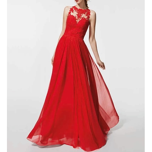 

A-Line Prom Dresses Elegant Dress Wedding Guest Floor Length Sleeveless Jewel Neck Chiffon with Pleats Appliques 2022