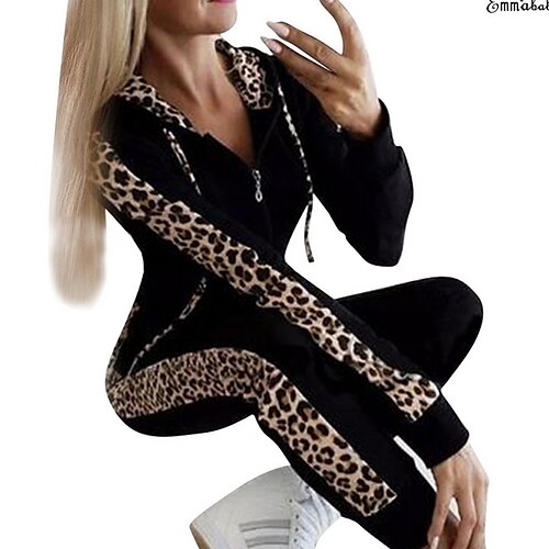 

Women's Leopard Cheetah Print Indoor Two Piece Set Tracksuit Pants Sets Pant Jogger Pants Zipper Front Zip Tops
