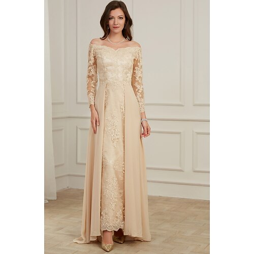 

A-Line Evening Dresses Elegant Dress Wedding Guest Floor Length Long Sleeve Off Shoulder Lace with Overskirt Appliques 2022 / Formal Evening