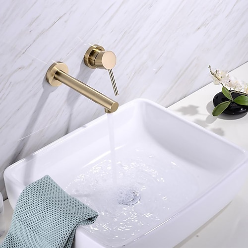 

Bathroom Sink Faucet - Brushed Gold Wall Mounted Basin Faucet Single Handle Two Holes Bath Basin Taps