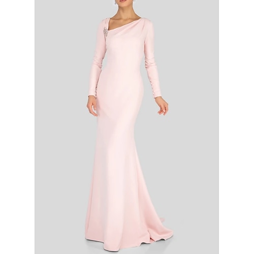 

Sheath / Column Mother of the Bride Dress Elegant V Neck Floor Length Polyester Long Sleeve with Beading Ruching 2022