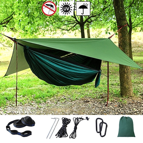 Camping Hammock with Mosquito Net Hammock Rain Fly Camping Tarp Outdoor Portable Sunscreen Anti-Mosquito Ultra Light (UL) Breathable Parachute Nylon with Carabiners and Tree Straps for 2 person