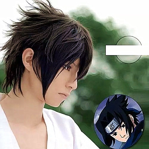 

Naruto Uchiha Sasuke Cosplay Perücken Herren Asymmetrischer Haarschnitt 11 Zoll Hitzebeständige Faser Kinky Glatt Schwarz Erwachsene Anime Perücke