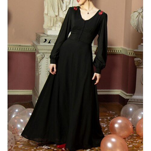 

A-Line Prom Dresses Retro Dress Holiday Floor Length Long Sleeve V Neck Chiffon with Draping Appliques 2022