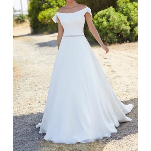 

A-Line Wedding Dresses Off Shoulder Sweep / Brush Train Cap Sleeve Country Plus Size with Sashes / Ribbons 2022