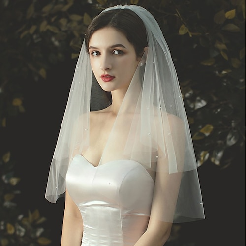 

Two-tier Pearl Trim Edge / Sweet Wedding Veil Elbow Veils with Faux Pearl / Pure Color 27.56 in (70cm) Tulle / Classic