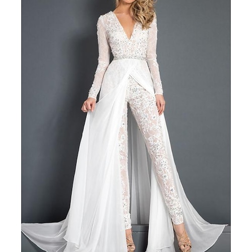 

Jumpsuits Wedding Dresses Plunging Neck Sweep / Brush Train Long Sleeve Country Plus Size with Sashes / Ribbons Lace Insert Appliques 2022