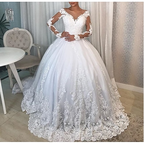 

Ball Gown Wedding Dresses V Neck Watteau Train Lace Long Sleeve Formal Plus Size Illusion Sleeve with Draping Lace Insert Appliques 2022