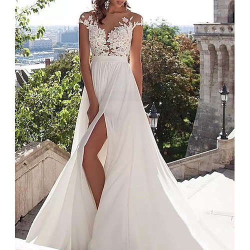 

A-Line Wedding Dresses Jewel Neck Sweep / Brush Train Lace Stretch Satin Cap Sleeve Casual Beach Boho Plus Size with Draping Appliques 2022