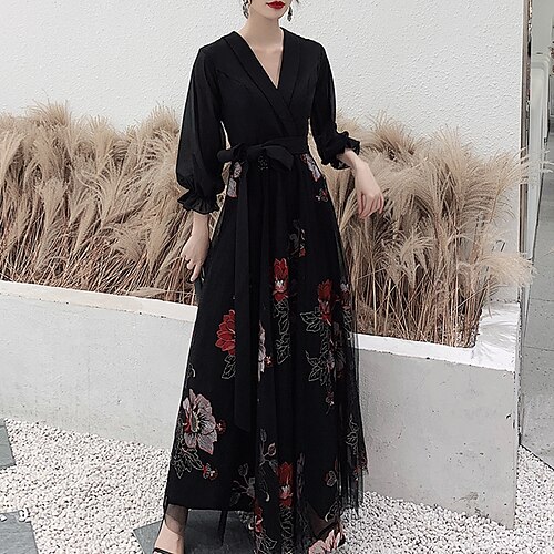 

A-Line Floral Prom Formal Evening Dress V Neck 3/4 Length Sleeve Floor Length Spandex with Sash / Ribbon Embroidery 2022