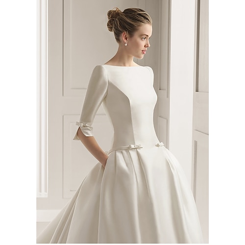 

A-Line Wedding Dresses Bateau Neck Court Train Satin Half Sleeve Formal Sexy Plus Size with Bow(s) Pleats 2022