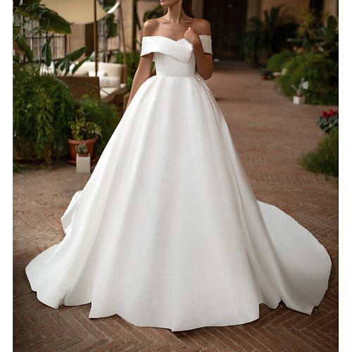 

A-Line Wedding Dresses Off Shoulder Court Train Sleeveless Casual Plus Size with Draping 2022