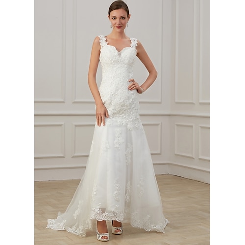 

Sheath / Column Wedding Dresses V Neck Floor Length Lace Tulle Sleeveless Formal Illusion Detail Plus Size with Draping Appliques 2022