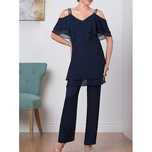 

Pantsuit Mother of the Bride Dress Sexy V Neck Floor Length Chiffon Short Sleeve with Tier 2022