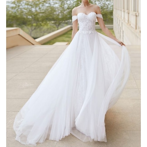 

A-Line Wedding Dresses Off Shoulder Court Train Tulle Short Sleeve Formal Plus Size with Draping Lace Insert 2022