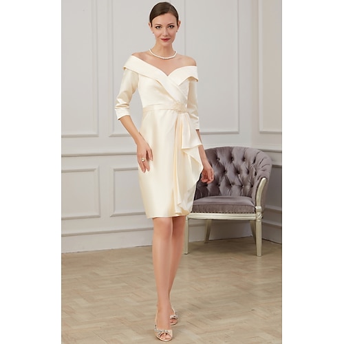 

Sheath / Column Mother of the Bride Dress Plus Size Off Shoulder Knee Length Polyester Half Sleeve with Ruffles Ruching 2022