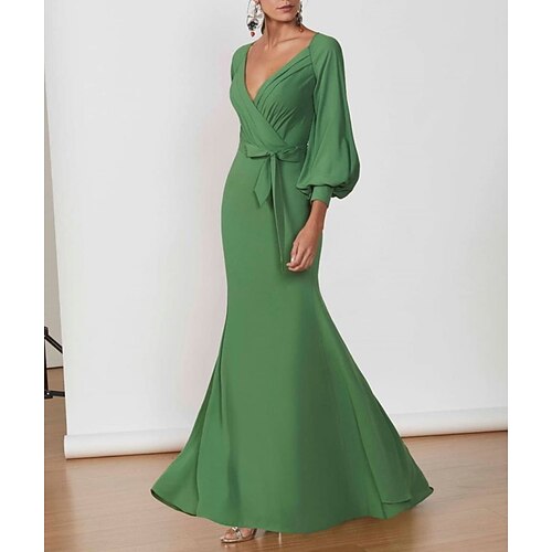 

Mermaid / Trumpet Evening Dresses Elegant Dress Wedding Guest Floor Length 3/4 Length Sleeve V Neck Polyester with Sash / Ribbon 2022 / Formal Evening