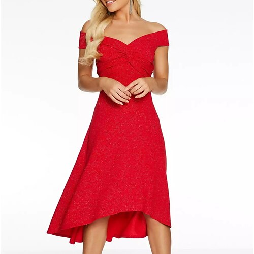 

A-Line Cocktail Dresses Minimalist Dress Wedding Guest Knee Length Short Sleeve Off Shoulder Polyester with Draping 2022 / Cocktail Party