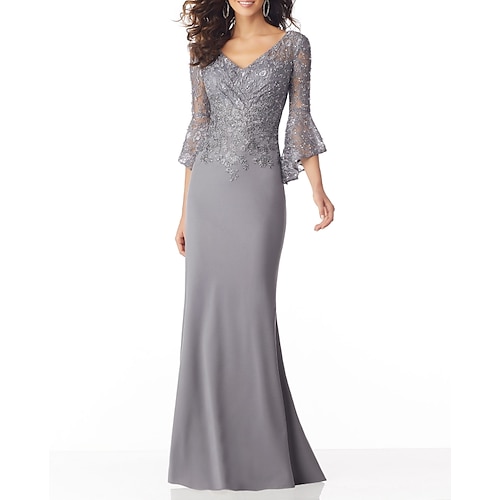 

Mermaid / Trumpet Sexy Wedding Guest Formal Evening Dress V Neck Half Sleeve Sweep / Brush Train Chiffon with Sequin Appliques 2022