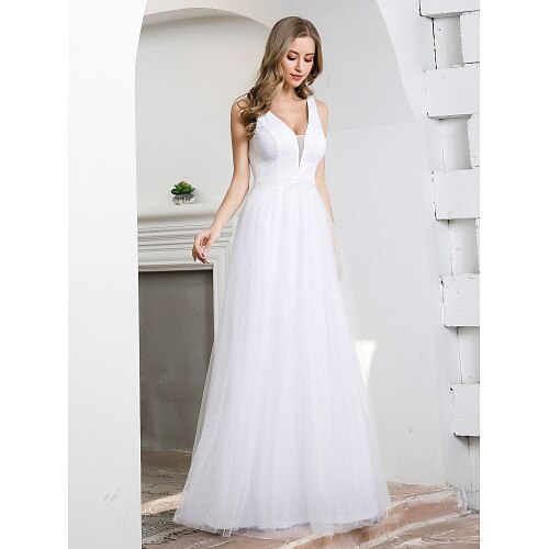 

A-Line Wedding Dresses Plunging Neck Floor Length Tulle Sleeveless Simple Elegant with 2022