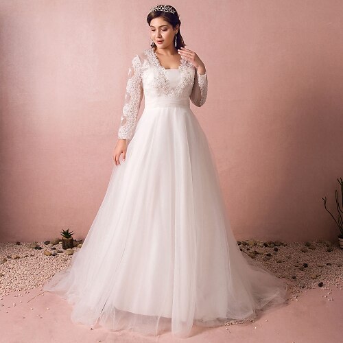 

A-Line Wedding Dresses Jewel Neck Court Train Lace Satin Tulle Long Sleeve Formal Plus Size Illusion Sleeve with Buttons Ruched Lace Insert 2022 / Sequined