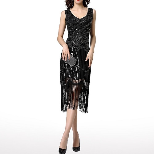 

Sheath / Column Roaring 20s 1920s Fashion Party Wear Cocktail Party Dress V Neck Sleeveless Knee Length Polyester with Sequin Tassel 2022