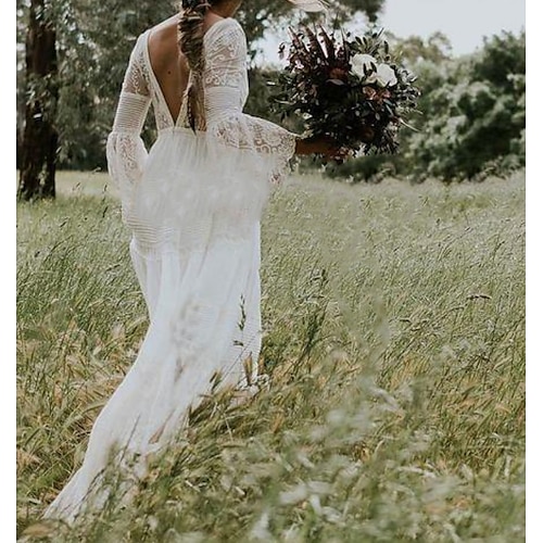 

A-Line Wedding Dresses V Neck Floor Length Lace Long Sleeve Casual Boho Plus Size with Draping Appliques 2022