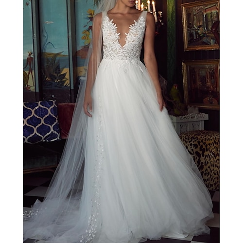 

A-Line Wedding Dresses V Neck Sweep / Brush Train Tulle Sleeveless Country Plus Size with Draping Appliques 2022