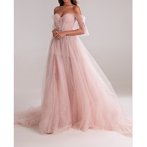 

A-Line Elegant Engagement Formal Evening Dress Sweetheart Neckline Sleeveless Court Train Tulle with Bow(s) Pleats 2022