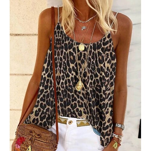 

Women's Blouse Tank Top Green Blue Fuchsia Leopard Cheetah Print Sleeveless Daily Boho Strap US4 / UK8 / EU36