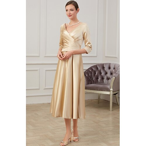 

A-Line Mother of the Bride Dress Plus Size Elegant V Neck Ankle Length Satin 3/4 Length Sleeve with Ruching 2022
