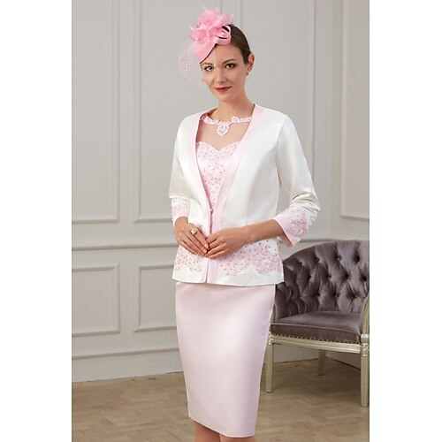 

Linjeform Kjole til brudens mor Elegant Besmykket Knelengde Polyester 3/4 ermer med Appliqué 2023