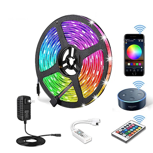 

5m 16.4ft WiFi Smart LED Strip Light Work with Alexa Google Assistant RGB Color Changing 150 LEDs 5050 SMD with Power Plug 12V