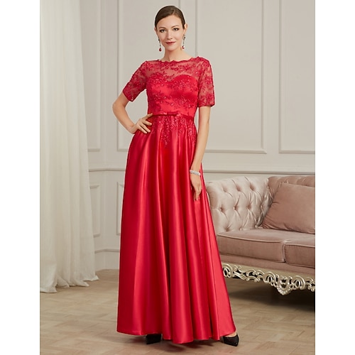 

A-Line Evening Dresses Elegant Dress Wedding Guest Floor Length Short Sleeve Jewel Neck Lace with Pleats Beading Appliques 2022 / Formal Evening