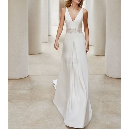 

A-Line Wedding Dresses V Neck Court Train Satin Sleeveless Formal Plus Size with Draping Appliques 2022