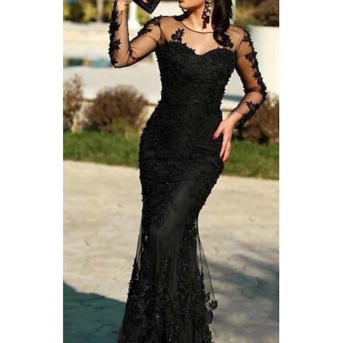 

Mermaid / Trumpet Elegant Wedding Guest Formal Evening Dress Illusion Neck Long Sleeve Sweep / Brush Train Polyester with Lace Insert Appliques 2022