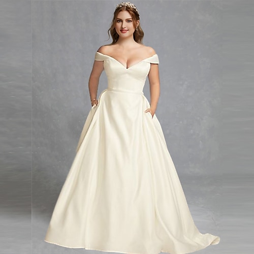 

A-Line Wedding Dresses Off Shoulder Floor Length Satin Regular Straps Formal Plus Size Elegant with Draping 2022