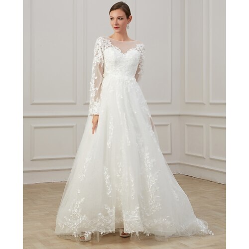 

A-Line Wedding Dresses Jewel Neck Sweep / Brush Train Lace Tulle Long Sleeve Beach Plus Size Illusion Sleeve with Draping Appliques 2022