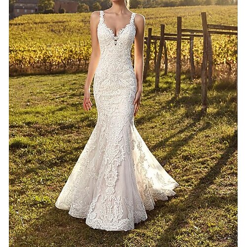 

Mermaid / Trumpet Wedding Dresses Spaghetti Strap Sweep / Brush Train Sleeveless Country Plus Size with Appliques 2022