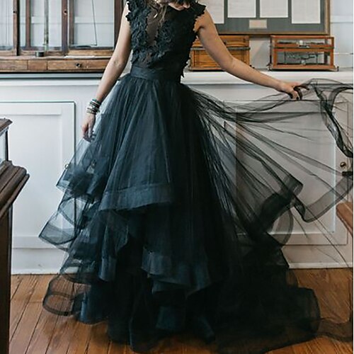 

A-Line Wedding Dresses Jewel Neck Floor Length Sleeveless Formal Black Modern with Draping 2022