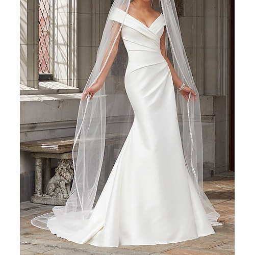 

Mermaid / Trumpet Wedding Dresses Off Shoulder Sweep / Brush Train Cap Sleeve Country Plus Size with Ruched Draping 2022