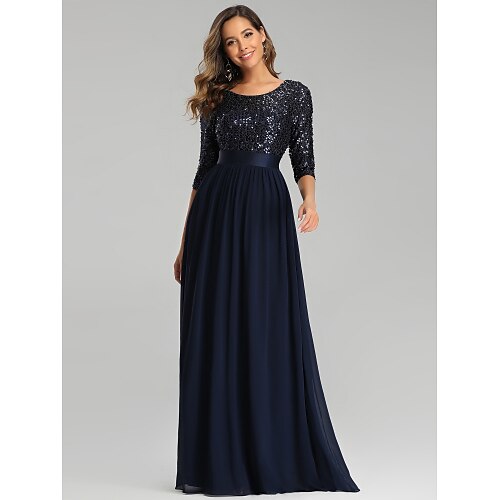 

A-Line Elegant Wedding Guest Formal Evening Dress Jewel Neck 3/4 Length Sleeve Floor Length Tulle with Sequin 2022