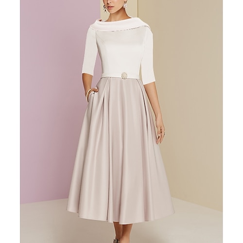 

A-Line Mother of the Bride Dress Wedding Guest Vintage Elegant Jewel Neck Tea Length Charmeuse Half Sleeve with Pleats Crystals 2023